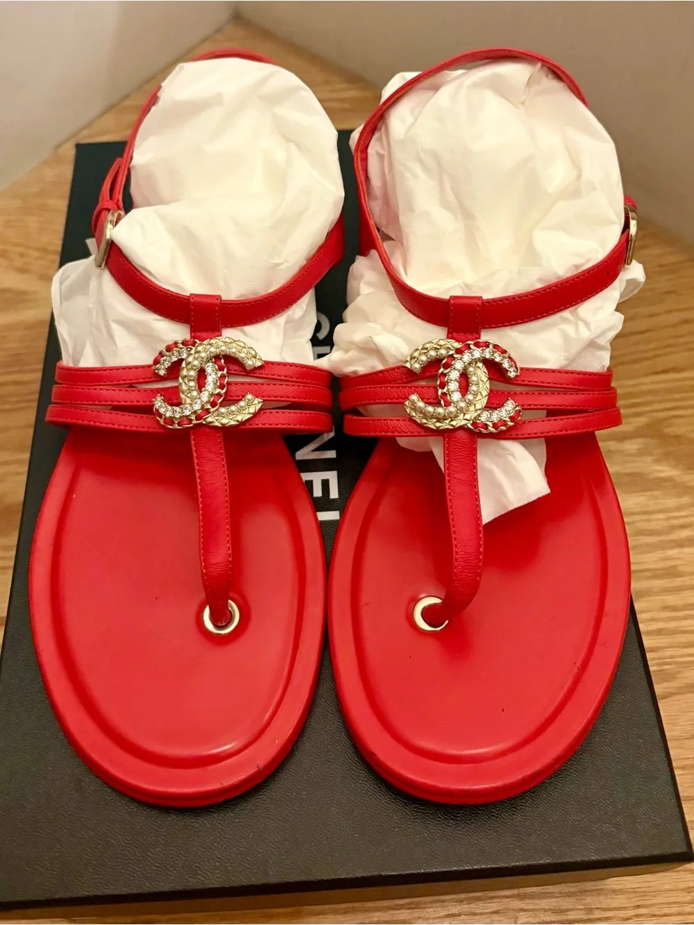 CHANEL Red CC T-Strap Sandals with Crystal Logo